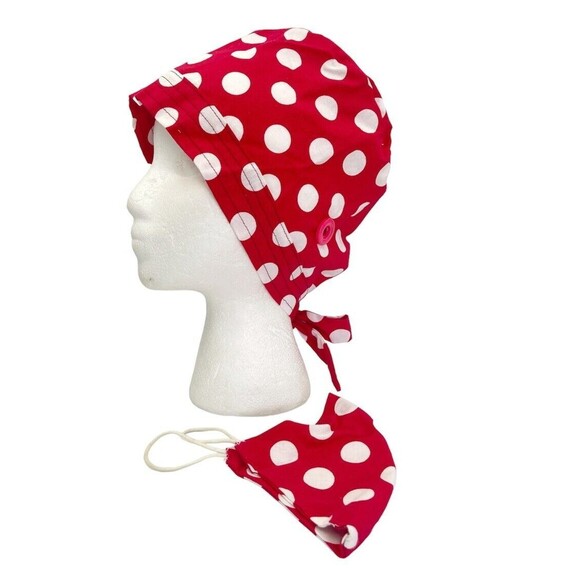 Unisex Surgical Scrub Hat With Matching Mask Red Polka Dots - Picture 3 of 12